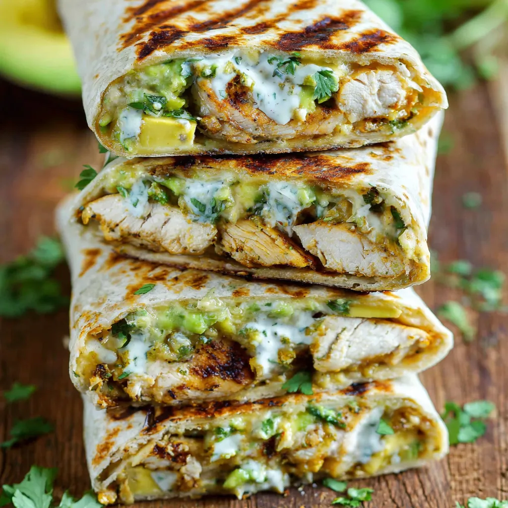 Chicken and avocado burritos stacked on a table.
