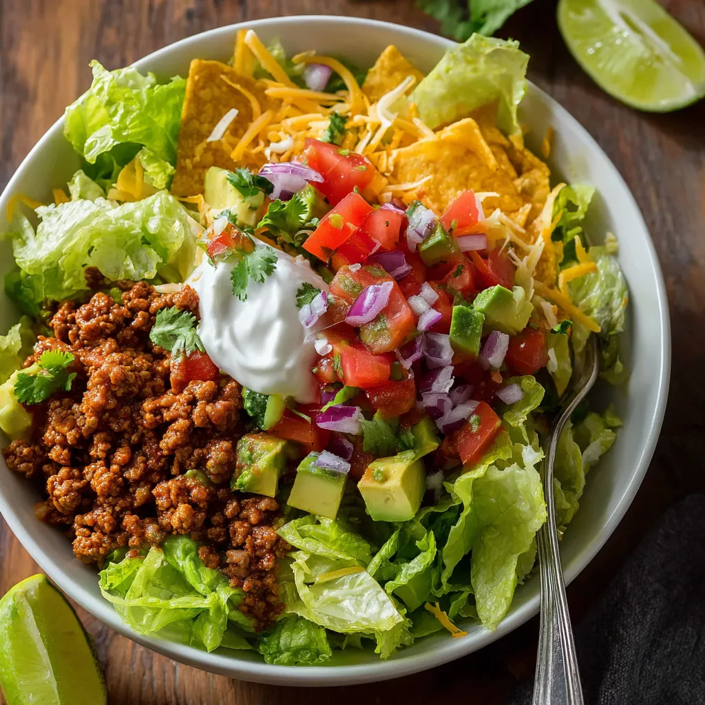 A bowl of taco salad with lettuce, tomatoes, cheese, and sour cream.