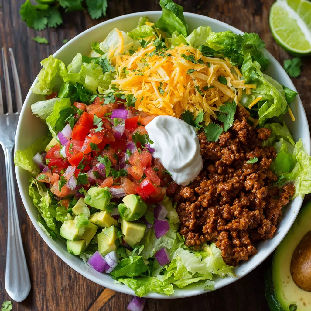 A bowl of taco salad with lettuce, tomatoes, cheese, and meat.