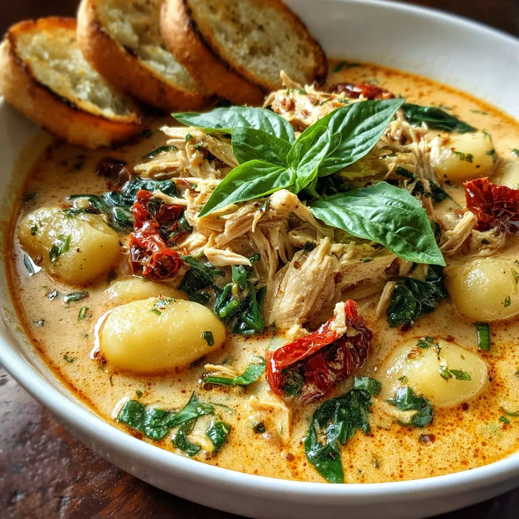A bowl of soup with chicken and gnocchi.