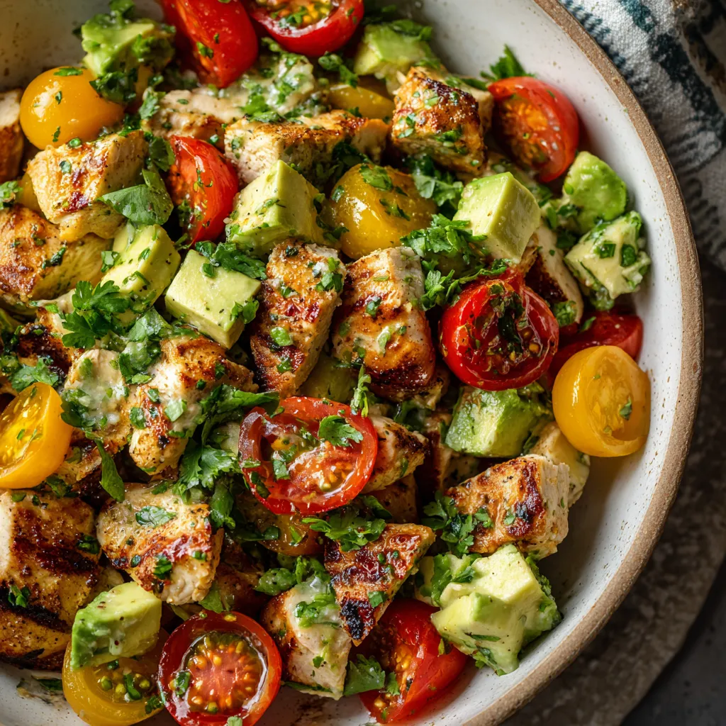 A bowl of chicken salad with tomatoes and avocado.