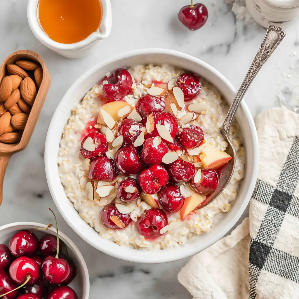 A bowl of oatmeal with cherries on top.