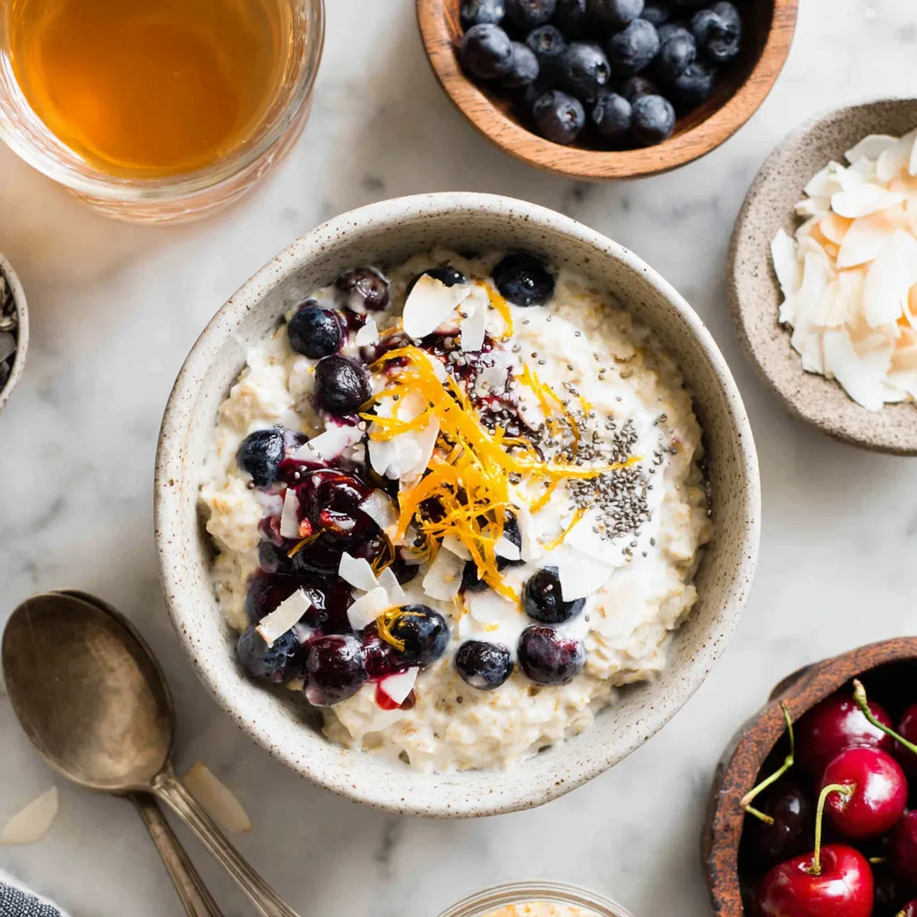 A bowl of oatmeal with blueberries on top.