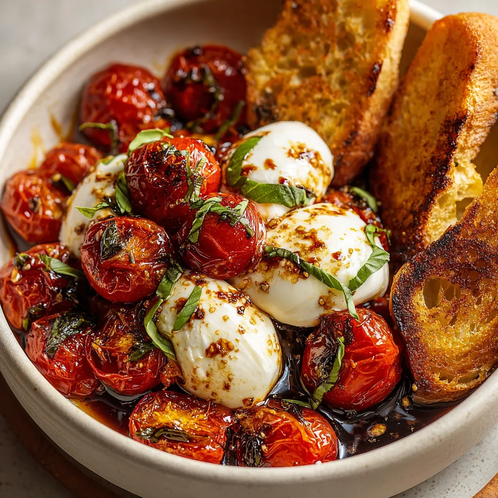 A bowl of food with tomatoes, cheese, and bread.
