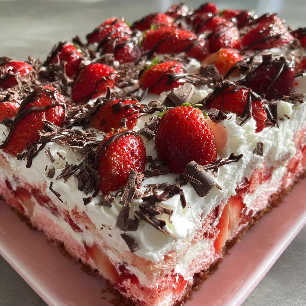 A slice of chocolate covered strawberry poke cake.