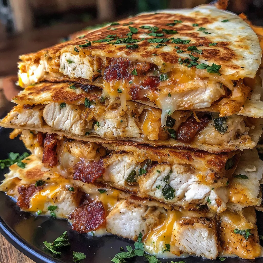 A stack of bacon chicken quesadillas with chipsotle ranch.
