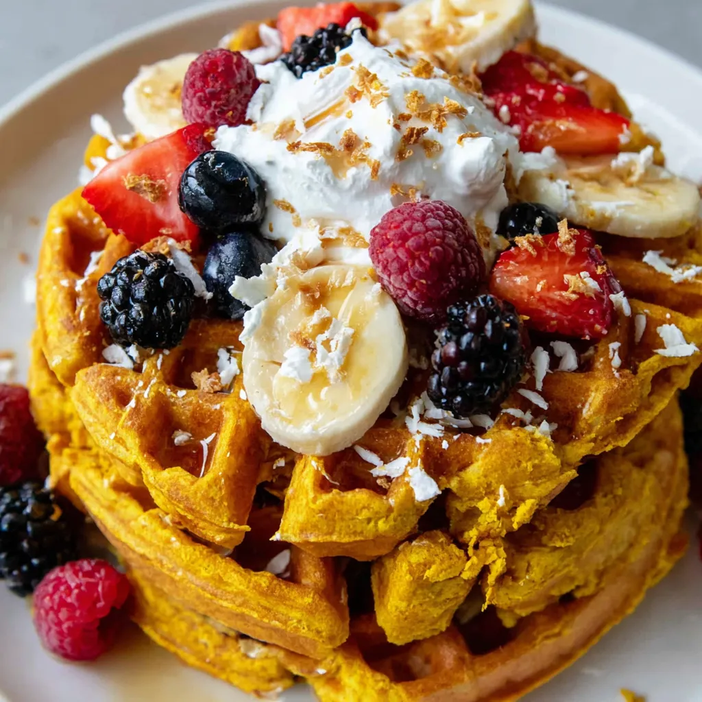 A plate of waffles with bananas, strawberries, and blueberries on top.