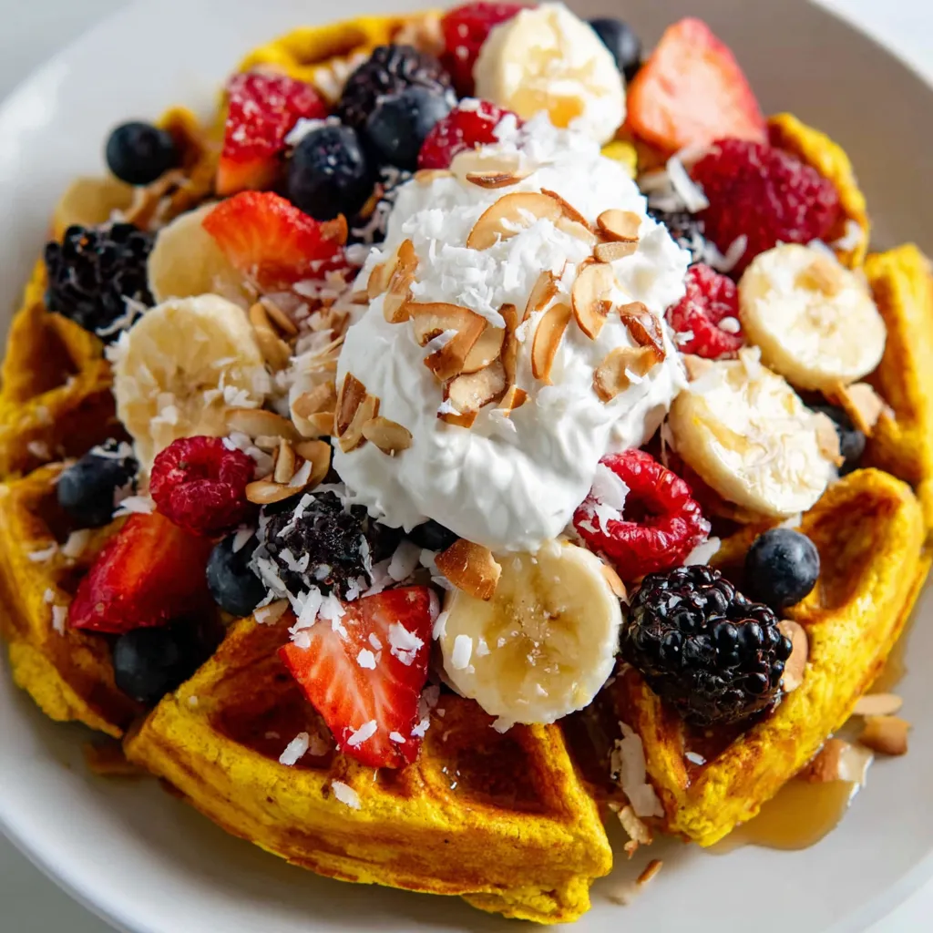 A plate of waffles with bananas and strawberries on top.