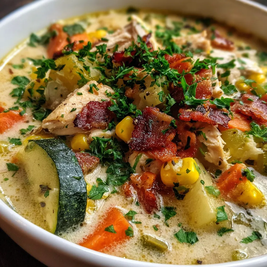 A bowl of soup with chicken, corn, and carrots.