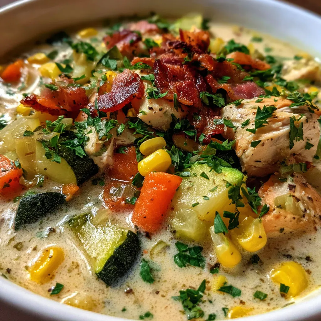 A bowl of soup with chicken, corn, and carrots.