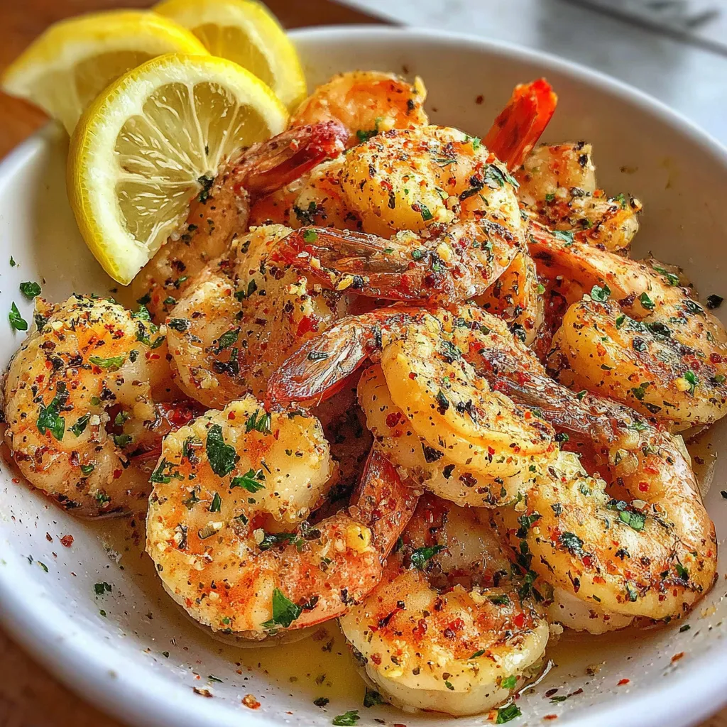 A bowl of shrimp with garlic butter and lemon.