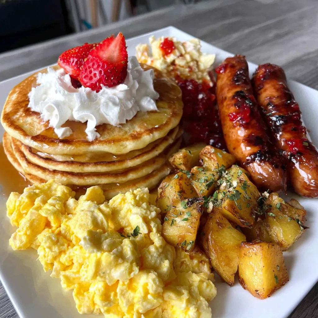 A plate of breakfast food including pancakes, potatoes, eggs and sausages.