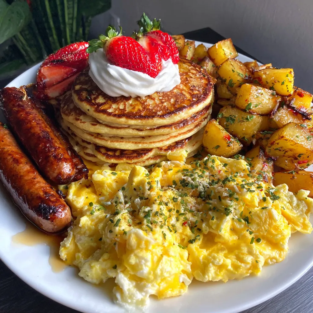 A plate of food with pancakes, eggs, sausages, and potatoes.