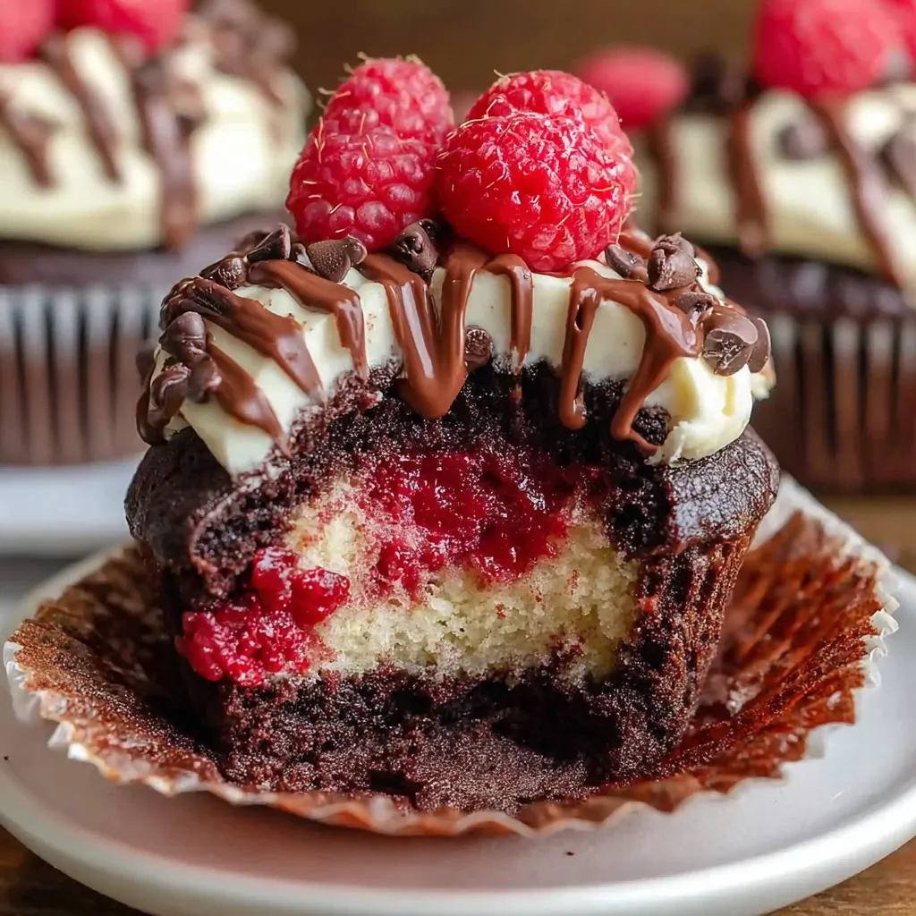 A chocolate cupcake with raspberries on top.