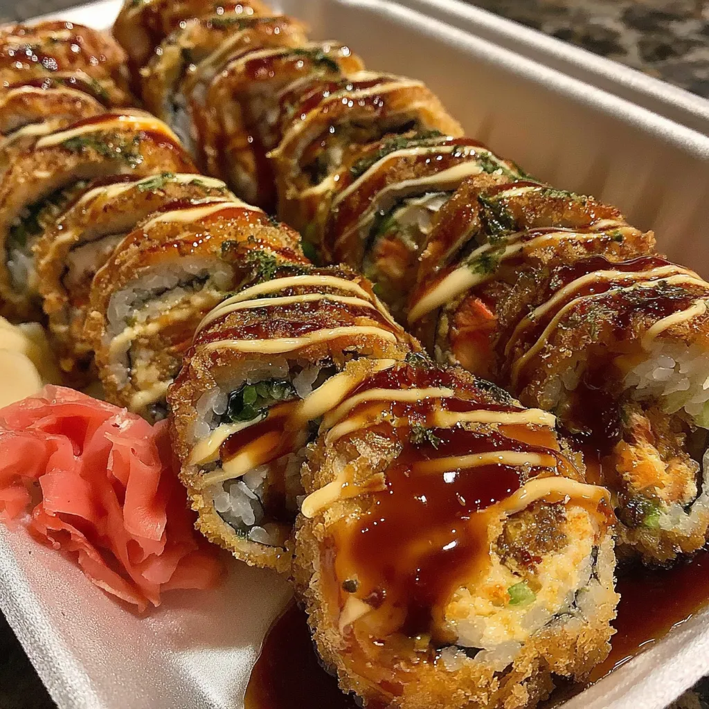Fried sushi rolls in a white container.