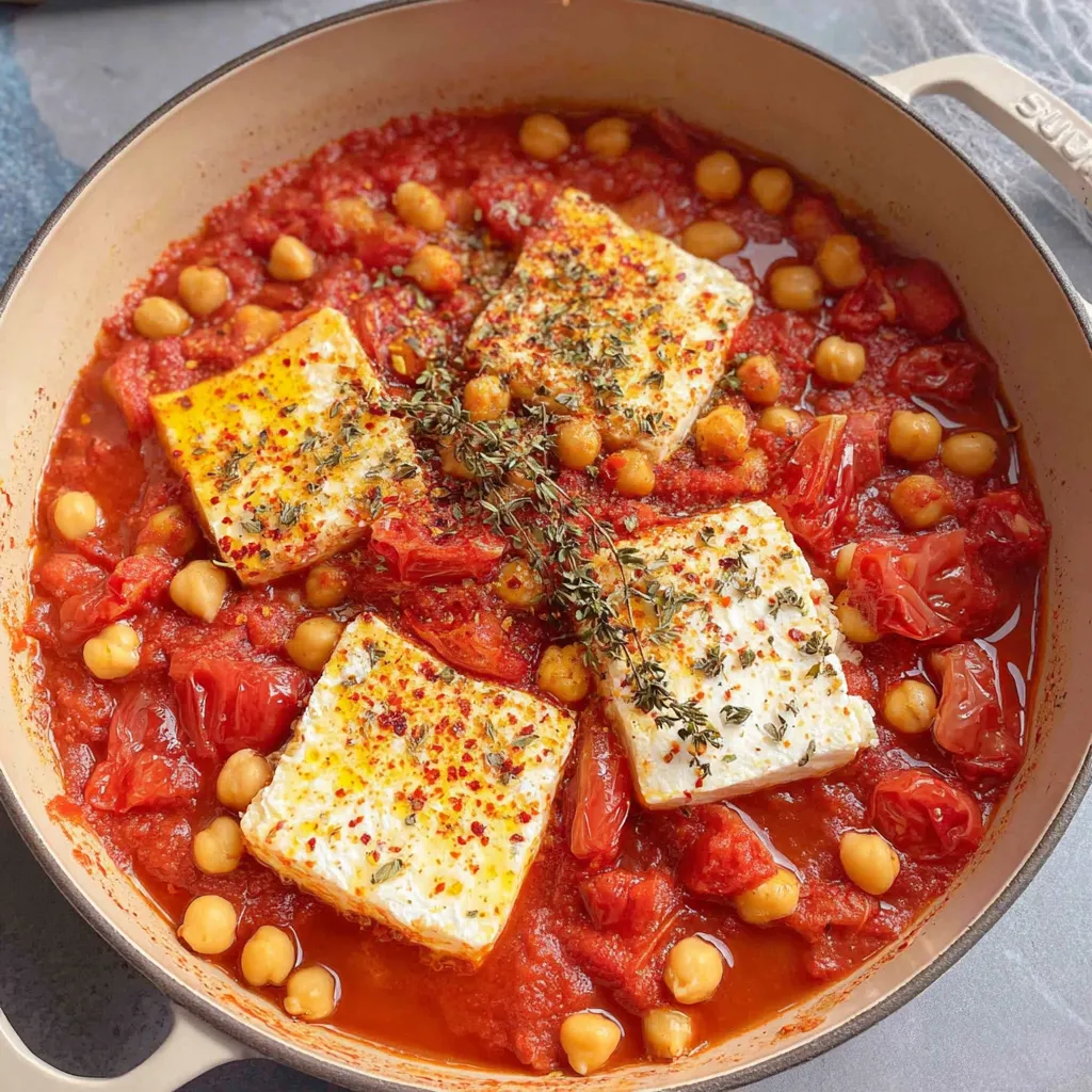 A dish of baked feta with chickpeas.
