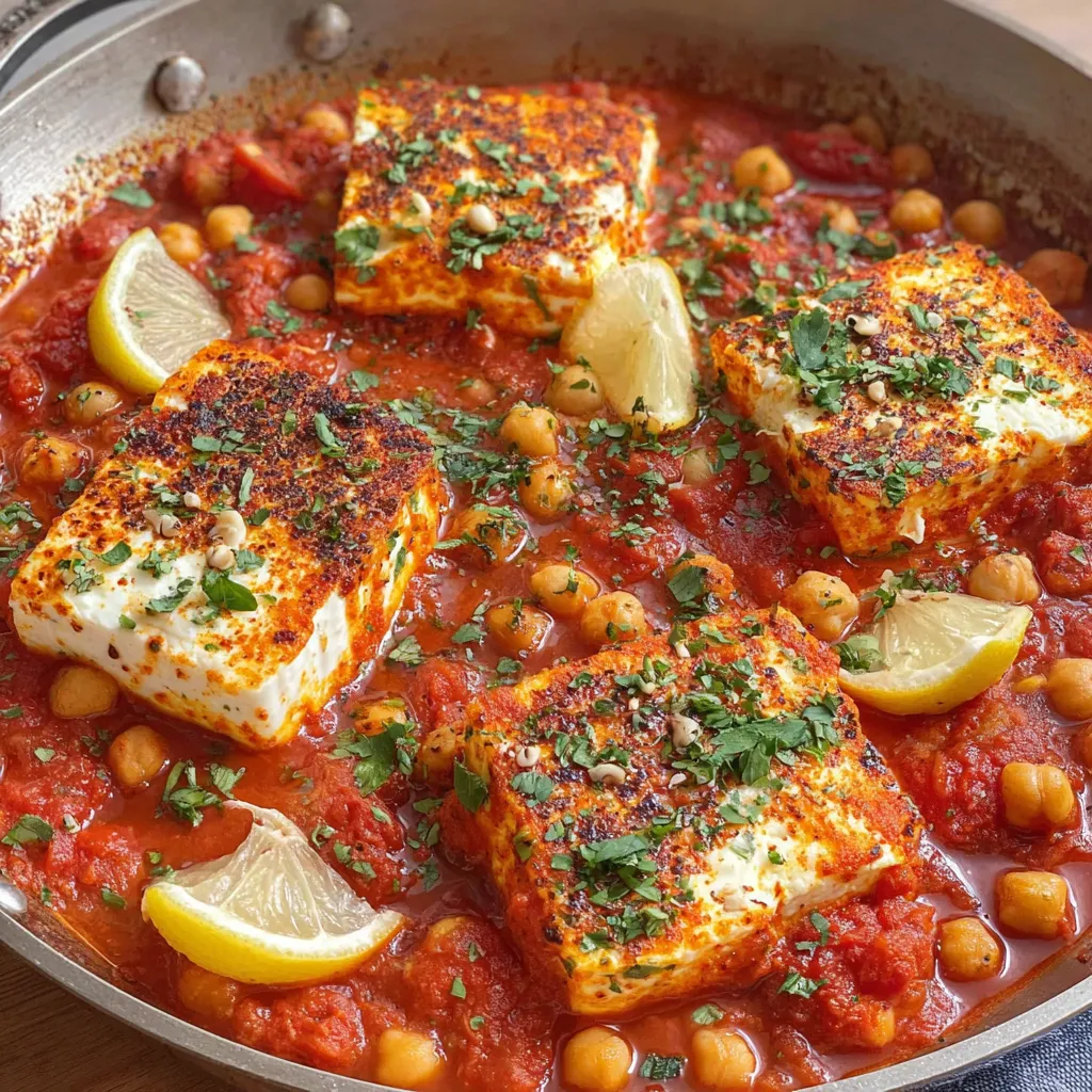A dish of baked feta with chickpeas.