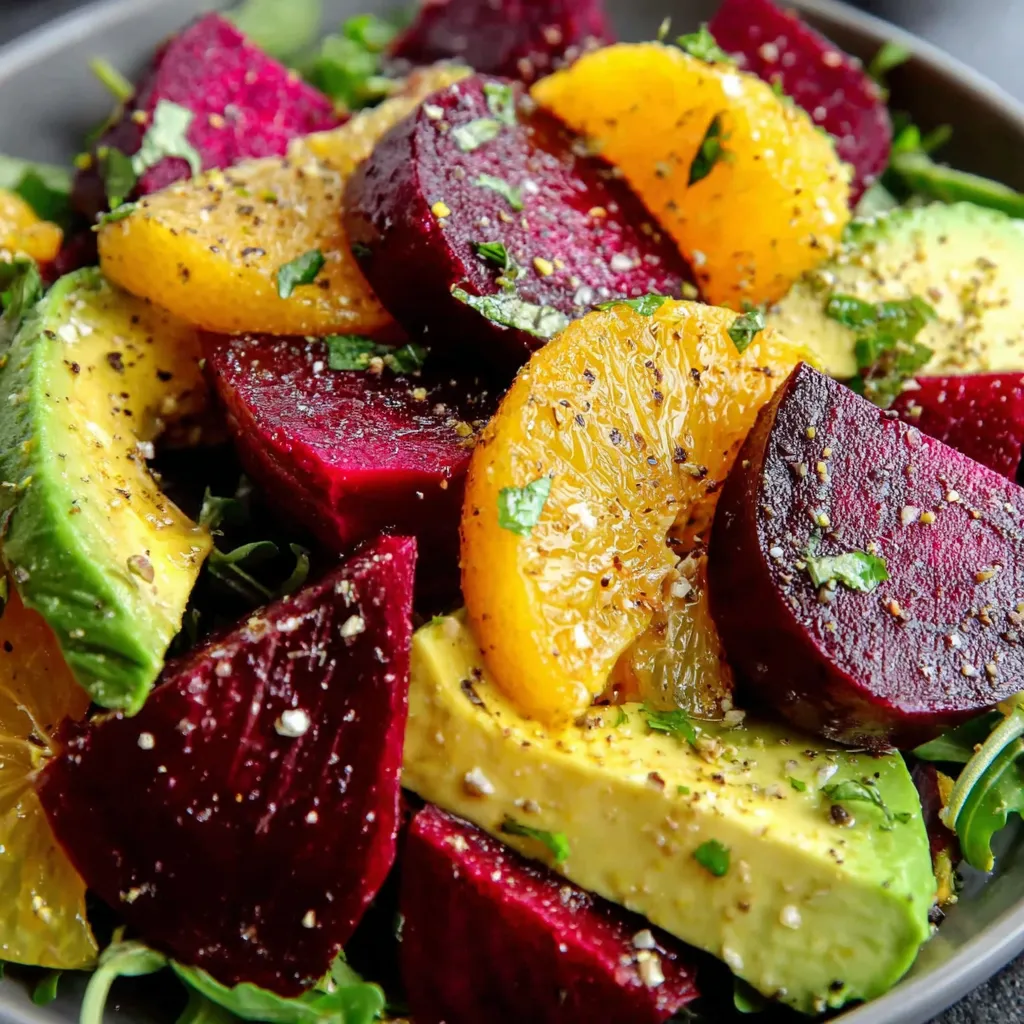 A bowl of roasted beet, orange, avocado salad.