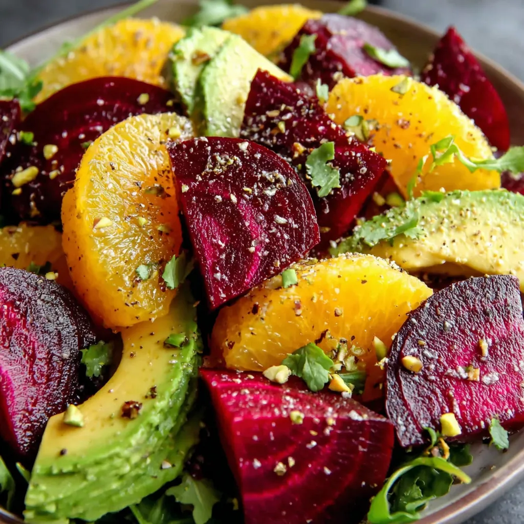 A bowl of roasted beet orange avocado salad.