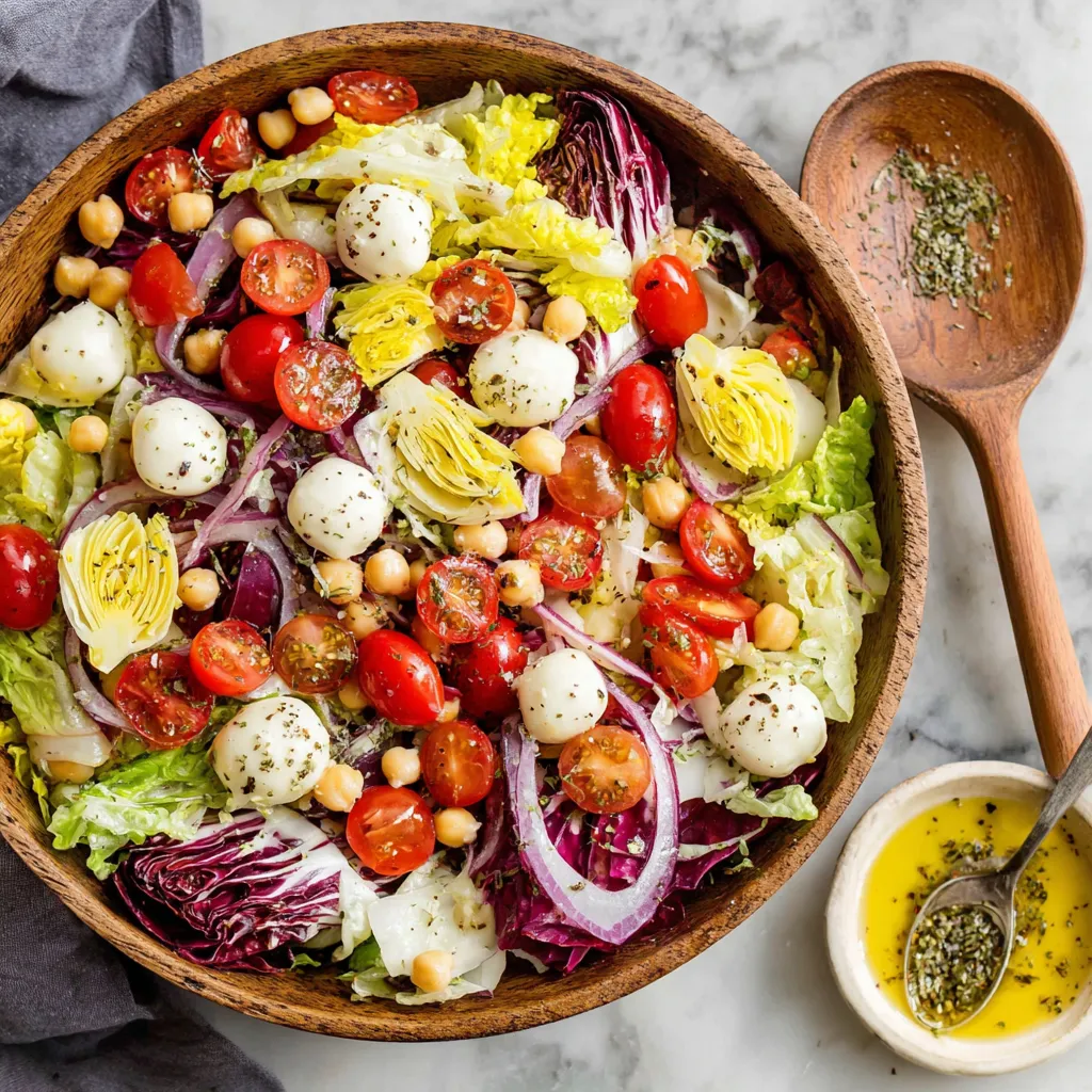 A wooden bowl filled with Italian chopped salad.
