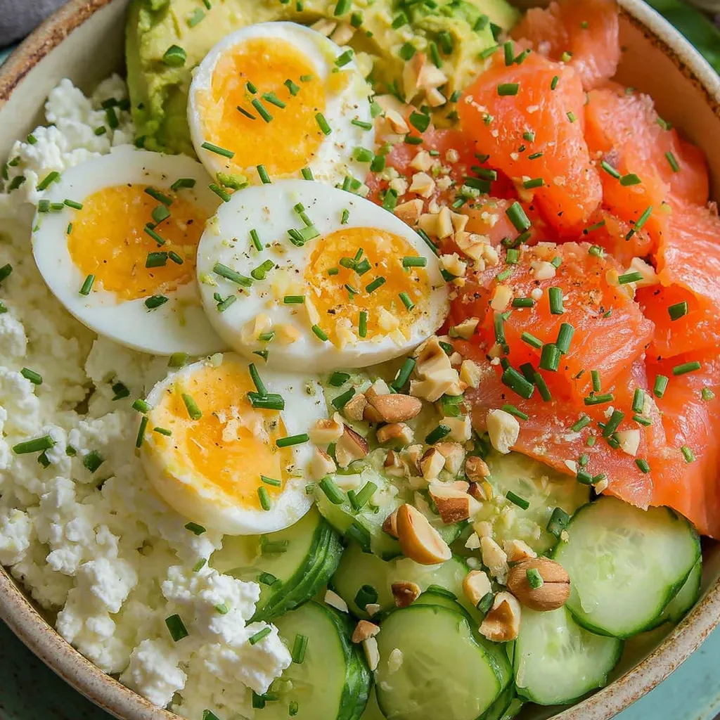 A bowl of salad with eggs, cucumbers, and salmon.