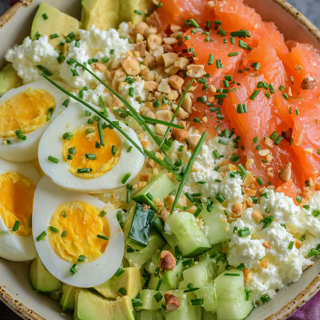 A bowl of salad with eggs, salmon, and cottage cheese.