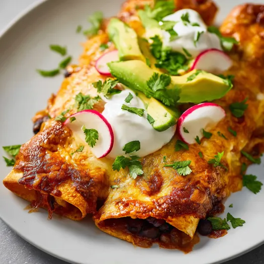 A plate of black bean enchiladas with white cheese and sour cream on top.