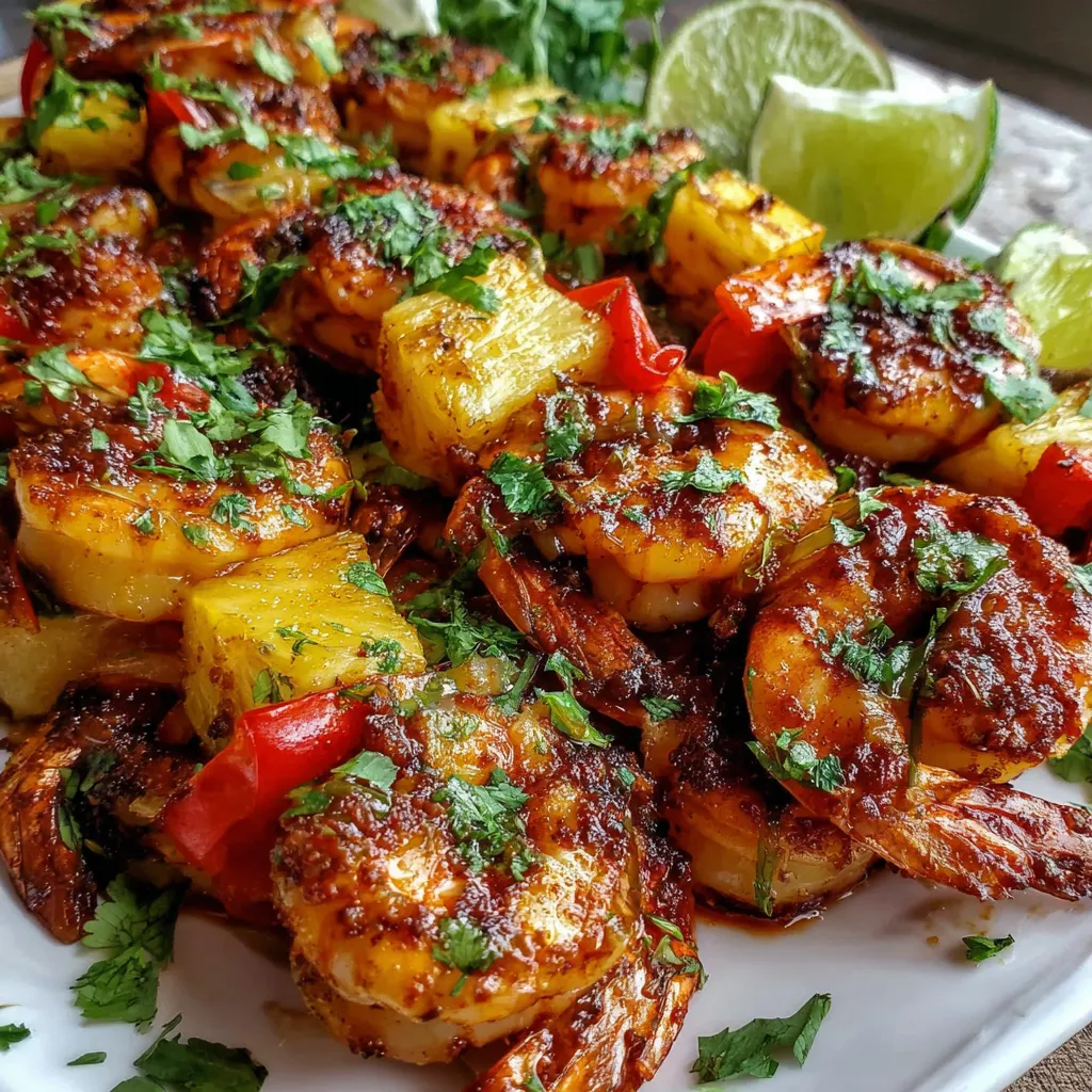 A plate of grilled shrimp pineapple skewers.