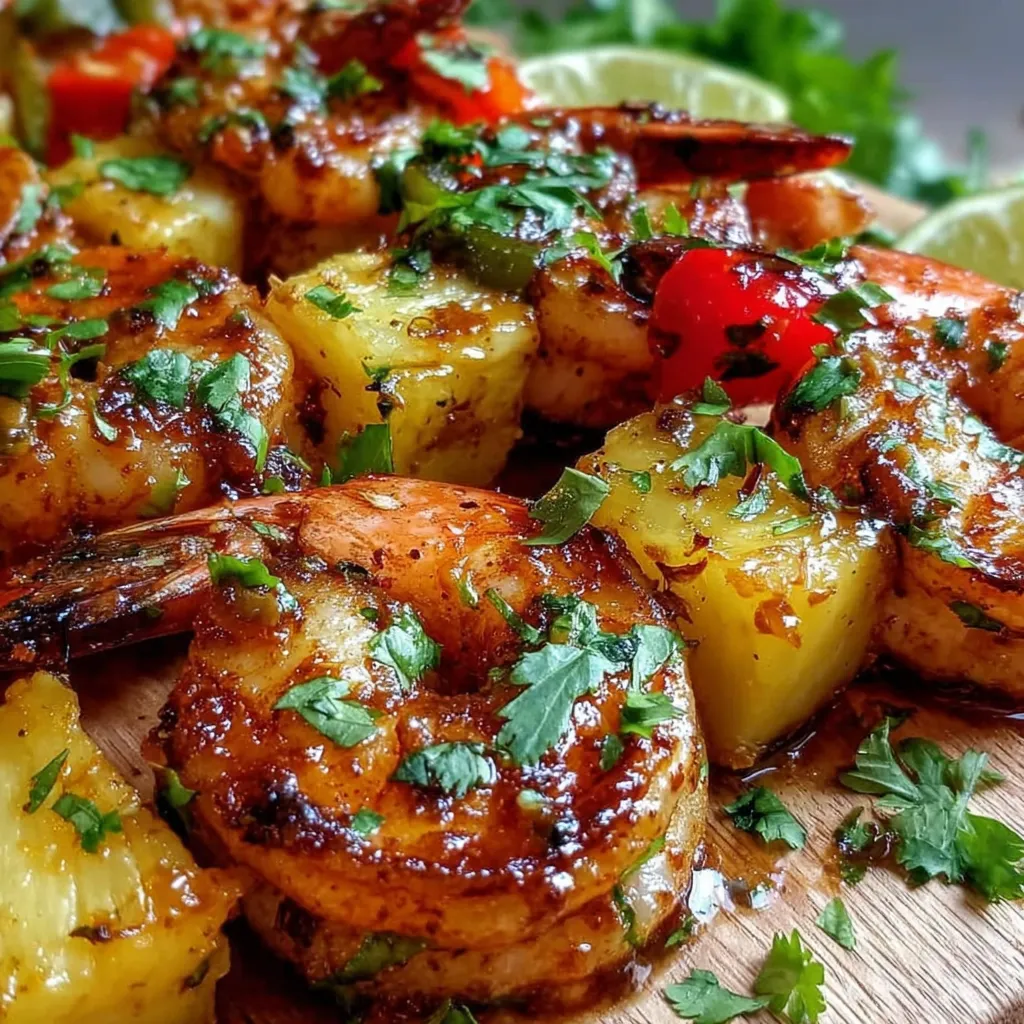 Grilled shrimp pineapple skewers on a wooden cutting board.