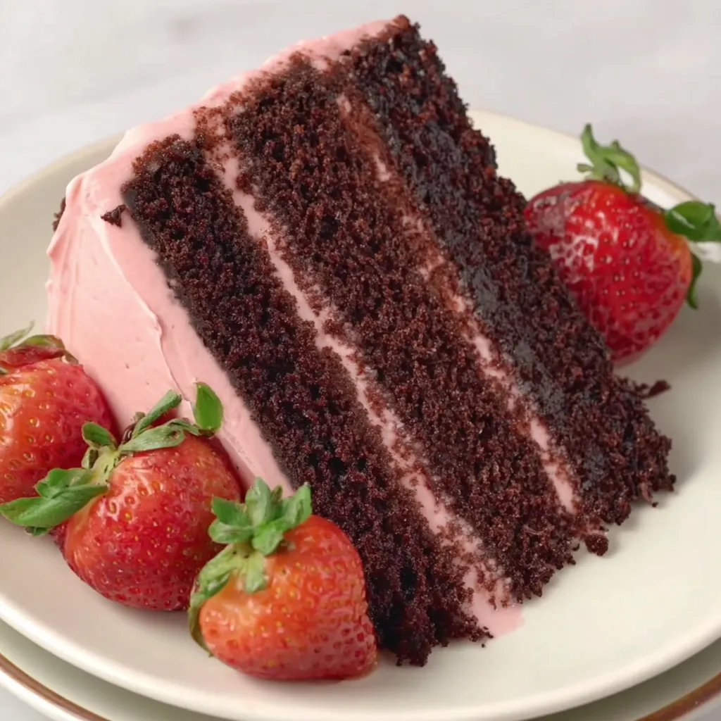 A slice of chocolate cake with strawberries on top.