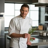 Bărbat ținând o crenguță de rozmarin în bucătărie.