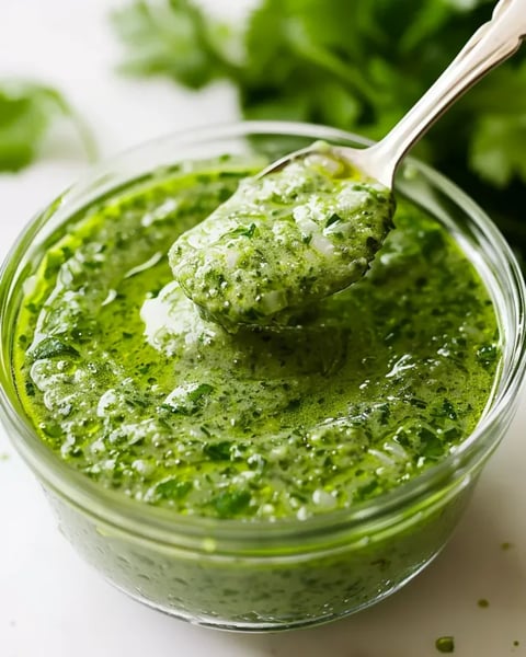 Lingura stă într-un bol cu Aji Verde.