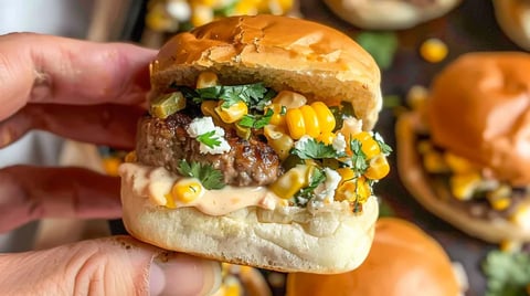 O persoană ține un slider cu burger și porumb stradal.