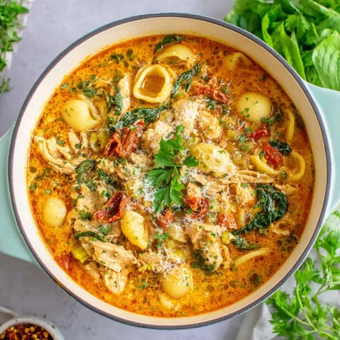 A bowl of Tuscan chicken soup with noodles and vegetables.