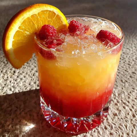 A glass of red and yellow liquid with a slice of orange on top.