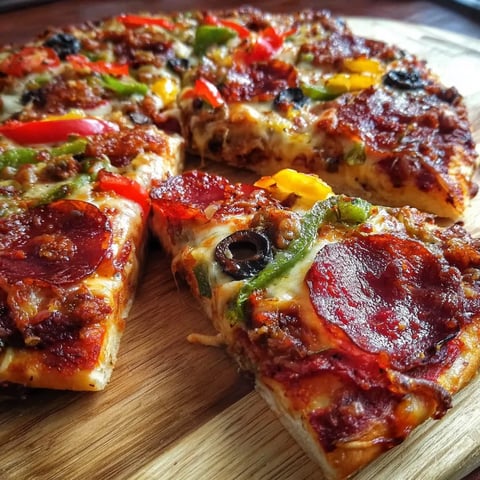 A homemade pizza on a wooden table.