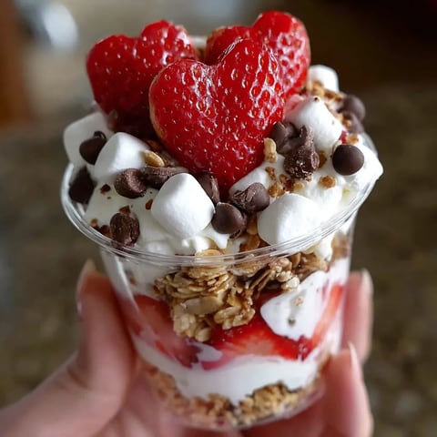 A person holding a cup of food with a heart shaped strawberry on top.