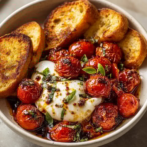 A bowl of food with tomatoes, bread, and cheese.